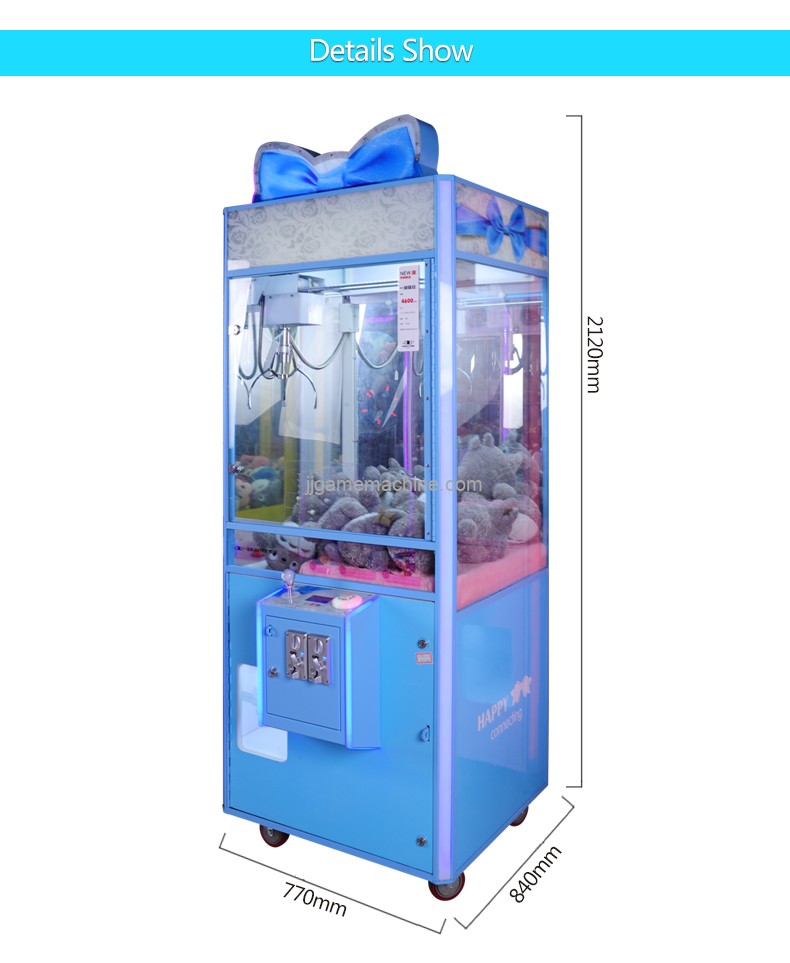 Chinese coin operated transparent bowknot big space claw game machine